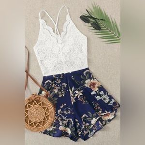 Lace Panel Floral Print Knot Back Cami Romper